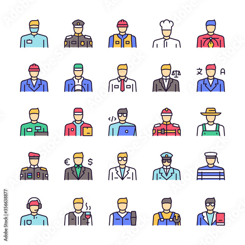 Vector color linear icon set of workers men objects