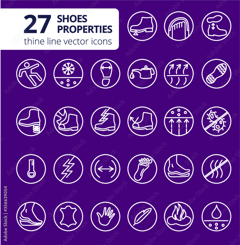 Shoes properties symbols. These icons indicate properties of footwear. Thin line icons. Editable strokes. Vector Shoes properties symbols. These icons indicate properties of footwear. Thin line icons. Editable strokes. Vector