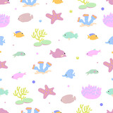 Seamless vector pattern of fish, seaweed, plants, bubbles. Isolated on a white background.
