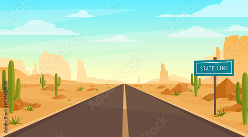 Road in desert. Vector illustration of desert landscape with asphalt highway, hills, mountains, rock, pointer and cacti in cartoon style. Western Texas Landscape. Roadway Arizona or Mexico landscape