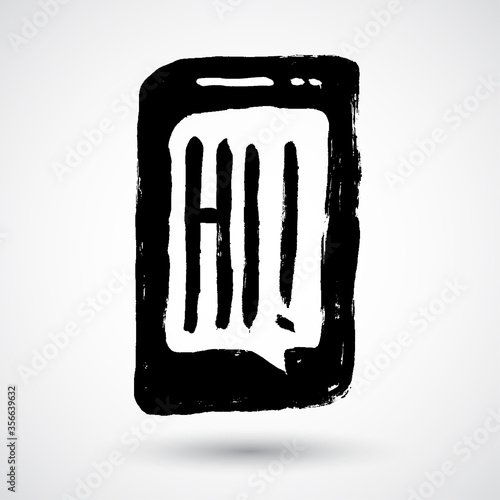Phone with hi sign grunge icon concept. Hand-drawn doodle cartoon illustration. Black and white monochrome style. Simple flat brush ink design.