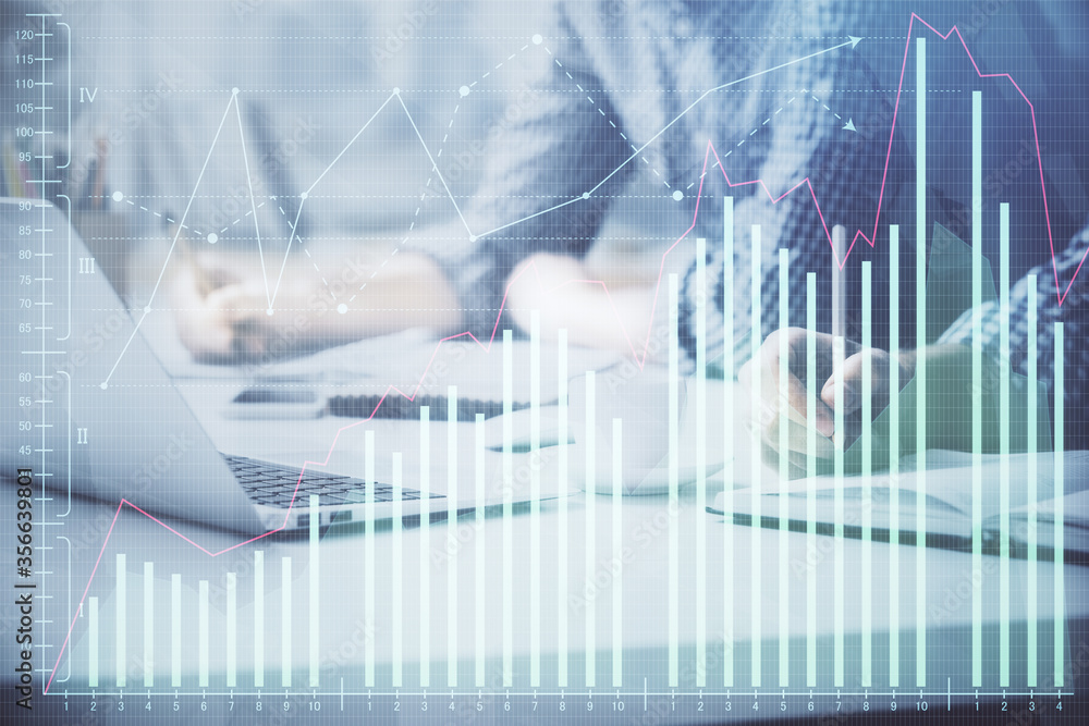 Multi exposure of forex chart with man working on computer on background. Concept of market analysis. Multi exposure of forex chart with man working on computer on background. Concept of market analysis.
