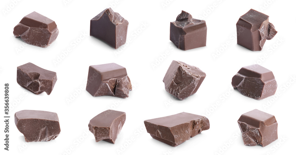 Set with delicious chocolate chunks on white background. Banner design