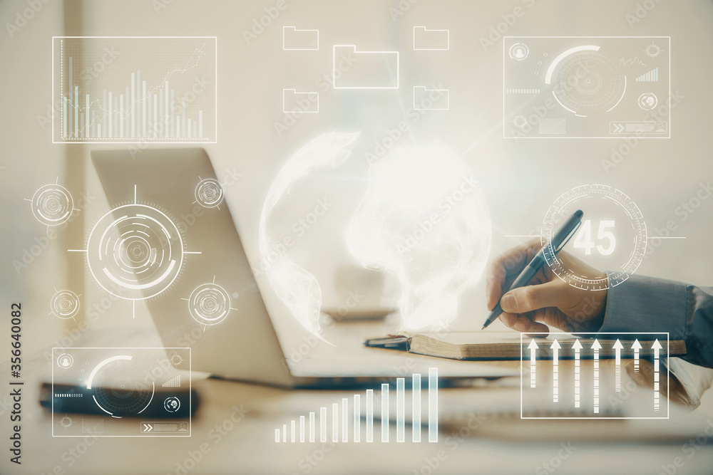 Double exposure of forex chart with man working on computer on background. Concept of market analysis. Double exposure of forex chart with man working on computer on background. Concept of market analysis.