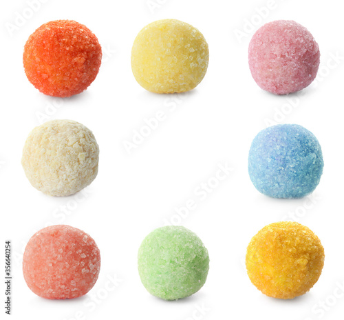 Set with colorful chocolate candies on white background