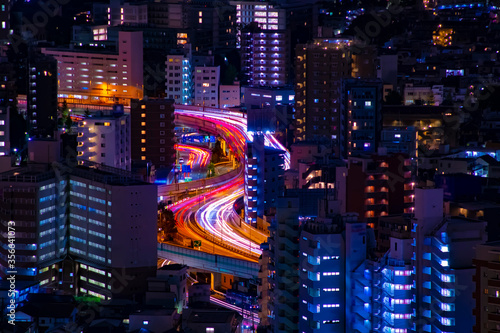 Photography A night highway at the urban city in Tokyo long shot