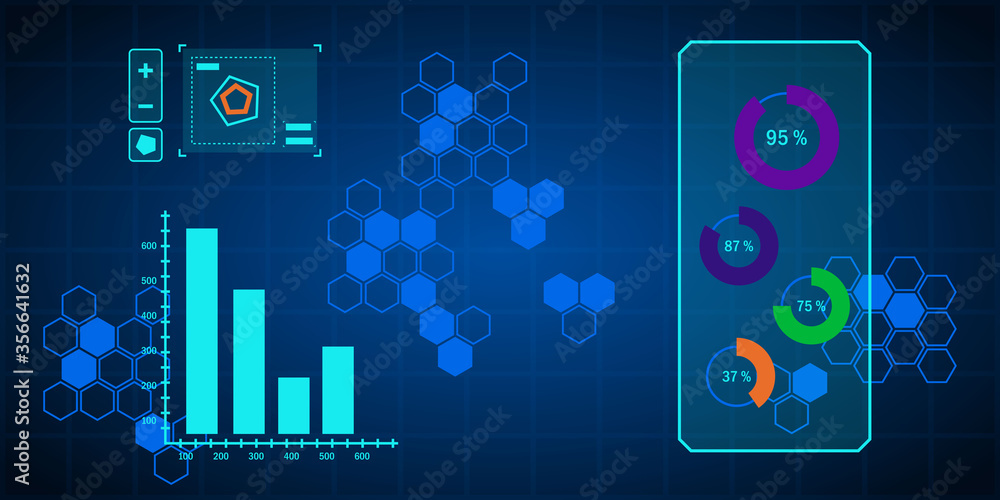 Abstract technology user interface. Technology hud and network management data screen with charts, diagrams, statistics graphs and finance charts. Abstract technology user interface. Technology hud and network management data screen with charts, diagrams, statistics graphs and finance charts.