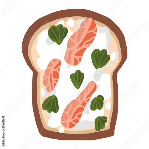 Toast with salmon, curd cheese and parsley on an isolated white background. Healthy, organic food, breakfast, lunch, dinner. Stock vector illustration.