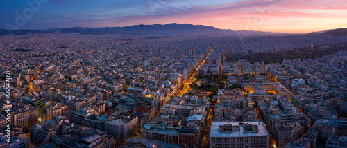 Mystical pink sunrise panorama of Athens, Greece. Horisontal panoramic view of Athens city center