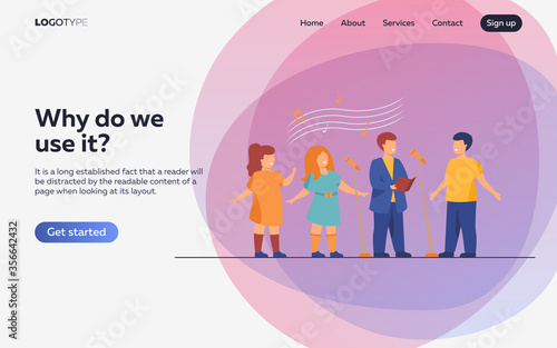 Children choir singing song in church flat vector illustration. Group of kids singing to microphone. Activity, music and entertainment concept.