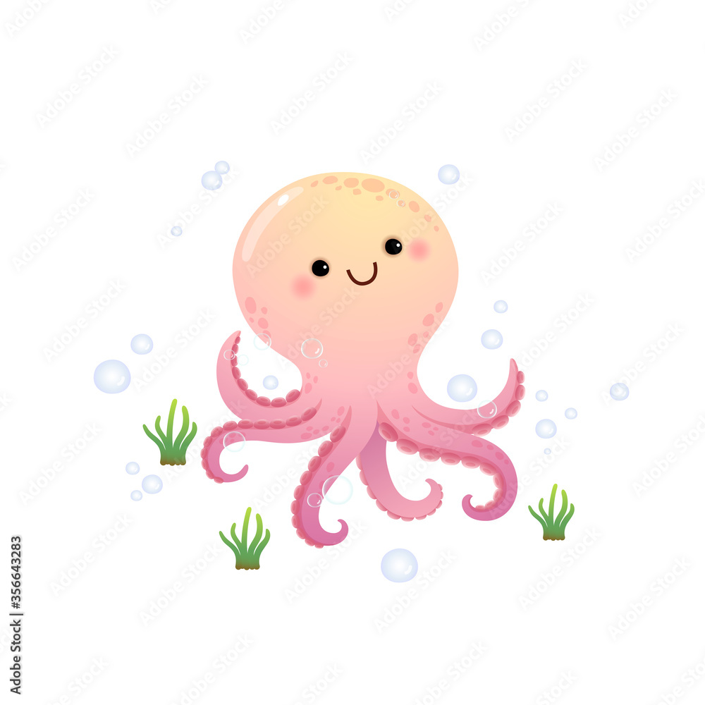 Vector illustration cute cartoon octopus underwater in the sea. Vector illustration cute cartoon octopus underwater in the sea.