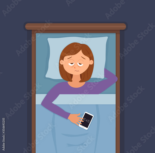 Sleepless woman face cartoon character suffers from insomnia