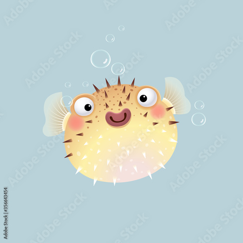 Vector illustration cute cartoon puffer fish on gray background.
