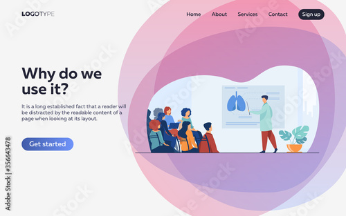 Medical college professor teaching students. Doctor presenting human lungs infographics to audience at conference. Vector illustration for seminar, lecture, healthcare meeting concept