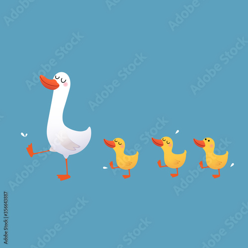 Vector illustration of a cartoon mother duck and her ducklings walking on blue background.