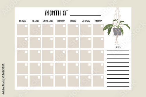 Eternal Monthly Planner. Hand drawn potted plants. Perfect for schedule, organizer, calendar for study, school or work, printable 
