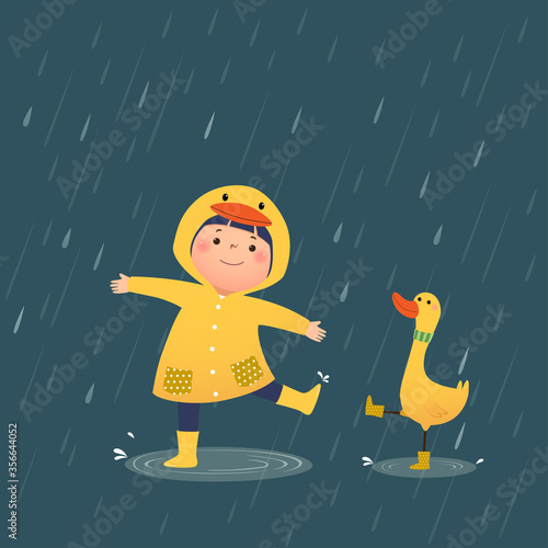 Vector illustration of a happy little girl in yellow hooded duck raincoat and rubber boots playing rain with the duck on a rainy day.