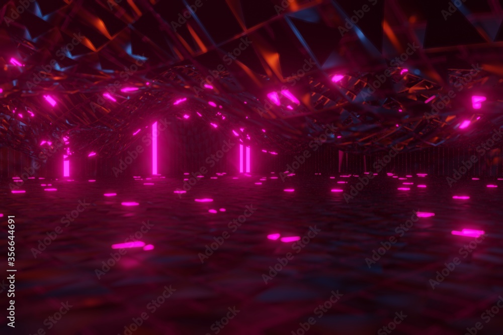 Fototapeta premium 3d render, glowing lines, tunnel, neon lights, virtual reality, abstract background, square portal, arch, blue spectrum vibrant colors, laser show