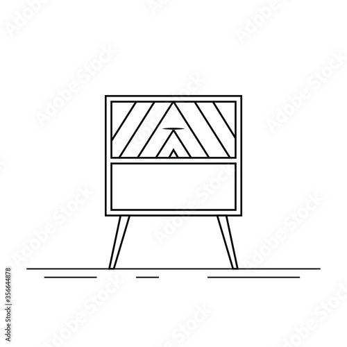 Vector icon of bedside table, modern furniture design. Bedside wooden chest of drawers, carpentry. Decorative table, linear pictogram. Dresser furniture line icon. Monochrome contour illustration.