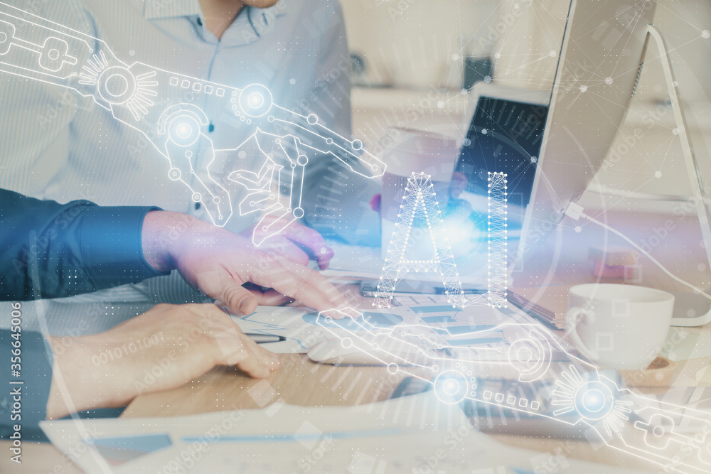 Double exposure of technology hologram with man working on computer background. Concept of big data.