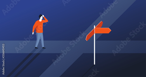Choosing right direction and making decision concept - confused person stands near signpost and thoughtfully scratches his head - isometric vector illustration