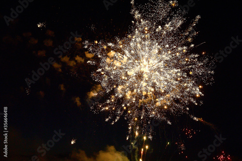 Colorful festive fireworks on a black sky background.