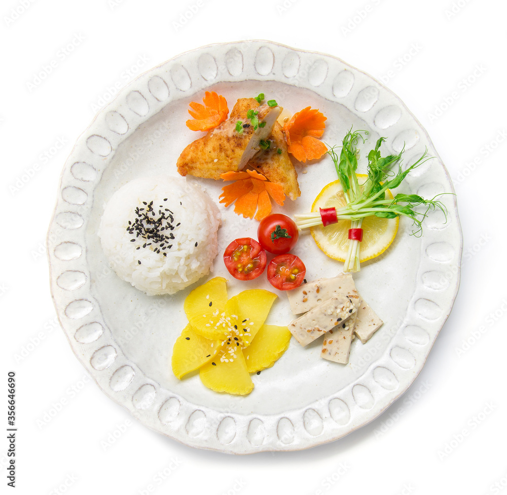 Breakfast set with rice on top black sesame Breakfast set with rice on top black sesame
