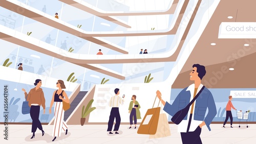 Joyful man and woman with packages inside shopping mall vector illustration. People customers taking selfie, talking, carrying trolley at modern outlet. Buyer person spending time at store or shop photo