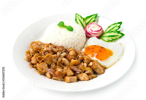 Stir fried chicken with Garlic,Rice and Fried egg
