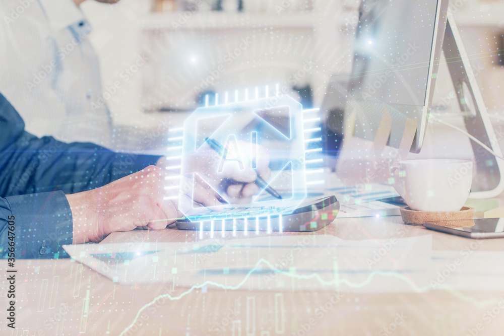 Double exposure of data internet theme hologram with man working on computer on background. Concept of innovation. Double exposure of data internet theme hologram with man working on computer on background. Concept of innovation.