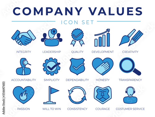Core Values Retro Icon Set. Integrity, Leadership, Quality Development, Creativity, Accountability, Simplicity, Dependability, Honesty, Transparency, Passion, Win, Consistency, Customer Service Icons.