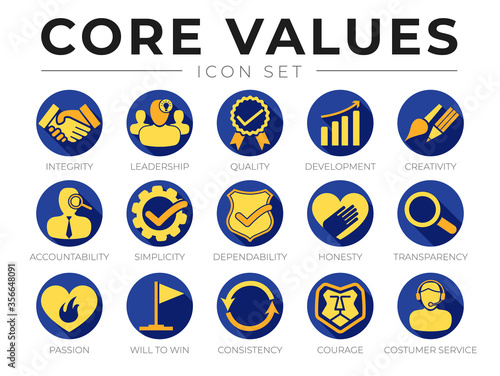 Company Core Values Round Web Icon Set. Integrity, Leadership, Quality Development, Creativity, Accountability, Simplicity, Dependability, Transparency, Passion, Courage Customer Service Icons.