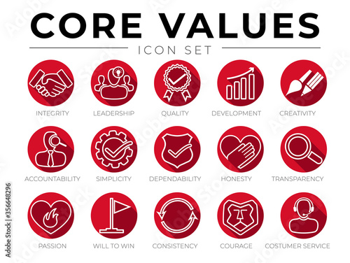 Company Core Values Red Round Flat Icon Set. Integrity, Leadership, Quality and Development, Creativity, Accountability, Simplicity, Dependability, Honesty, Transparency, Customer Service Icons.