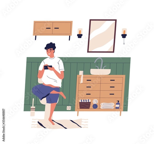 Smiling guy sitting on toilet surfing internet vector flat illustration. Funny male playing game, chatting, scrolling social networks or watching video on smartphone at bathroom isolated photo