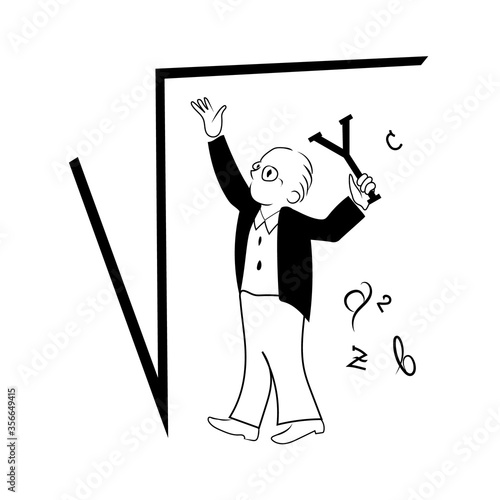 Man works problem in algebra using square root. Vector concept image.