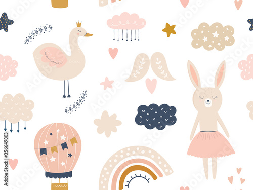 Baby animals seamless pattern. Fabric pattern. Vector illustration with cute animals. Nursery baby pattern illustration
