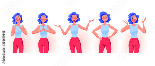 Young lady cartoon character portrait wit different emotions and facial expressions isolated on white background. Sadness, hermony, joy, anger, fear concept. Vector flat illustration.