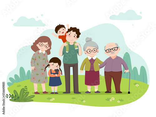 Vector illustration cartoon of a happy family in the park. Mother, father, grandparents, and children with a cat. Vector people.