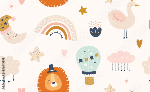 Baby animals seamless pattern. Fabric pattern. Vector illustration with cute animals. Nursery baby pattern illustration