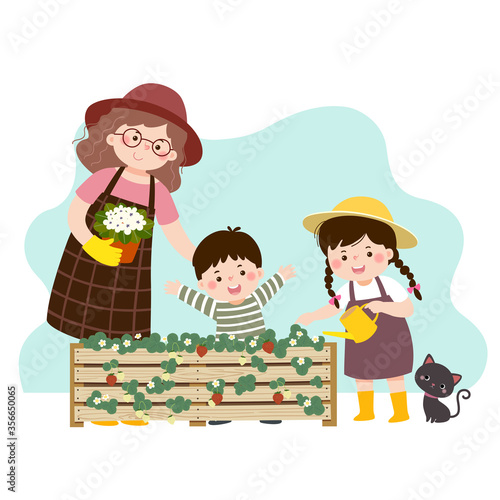 Vector illustration of a cartoon mother and her two children looking at the strawberry plant in a raised garden bed. Family enjoying time at home concept.