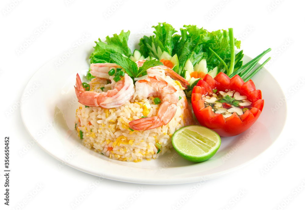 Fried rice with shrimp decorate with vegetables carved Fried rice with shrimp decorate with vegetables carved