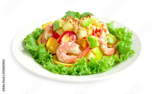 Spicy Fruit Salad with Shrimp Apple Mango Orange carved