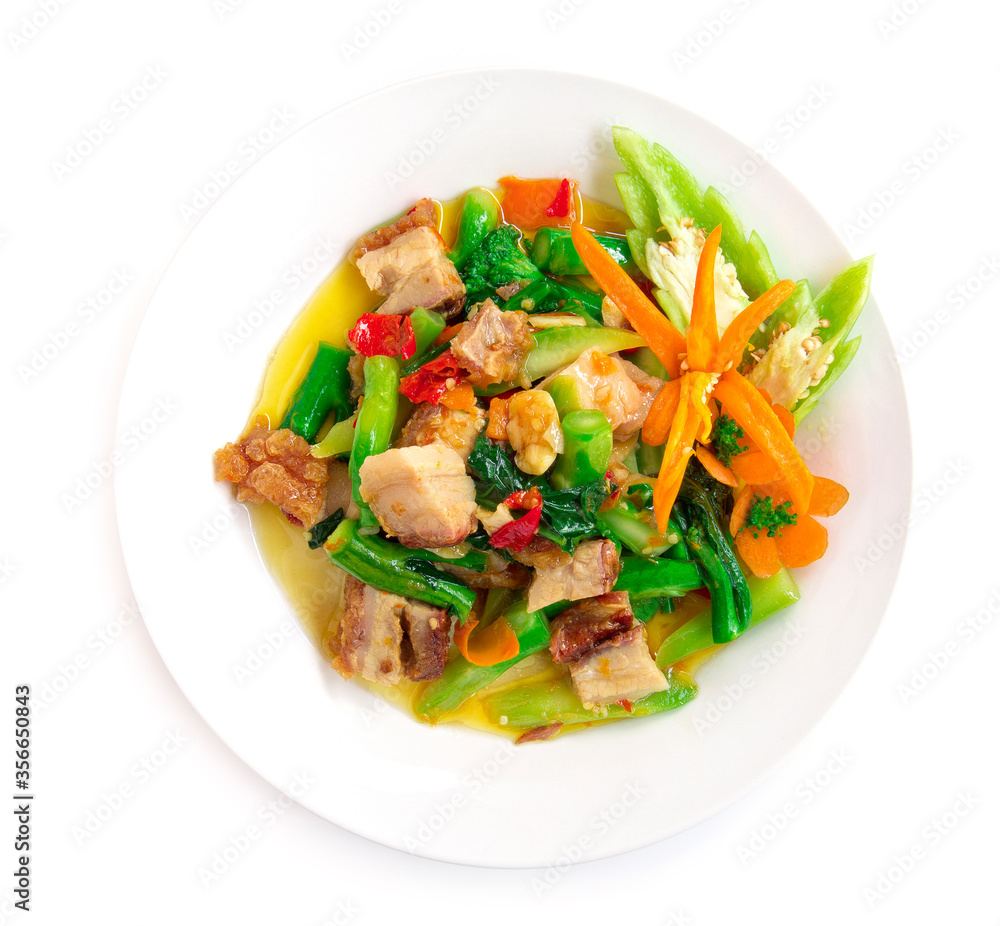 Thai food Stir-fried Crispy Pork spicy and Chinese kale Thai food Stir-fried Crispy Pork spicy and Chinese kale