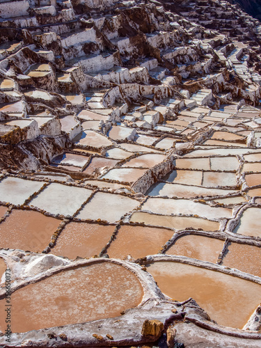 Aerial View of Salt pans Salineras de Maras in the Sacred Valley in Peru near Cusco
