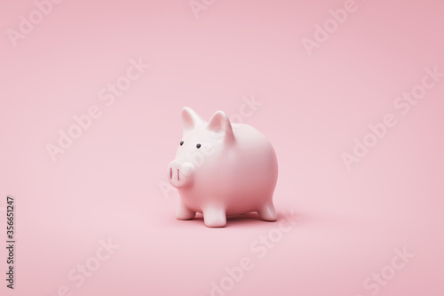 Fototapeta Piggy bank or money box on pink background with savings money concept