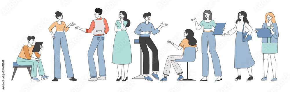 People discussing and brainstorming during business meeting or coffee break vector cartoon outline illustration. People discussing and brainstorming during business meeting or coffee break vector cartoon outline illustration.