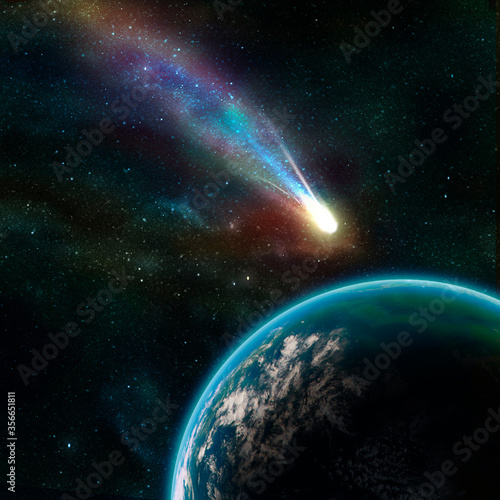 Earth in space with a flying asteroid