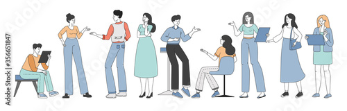 People discussing and brainstorming during business meeting or coffee break vector cartoon outline illustration.
