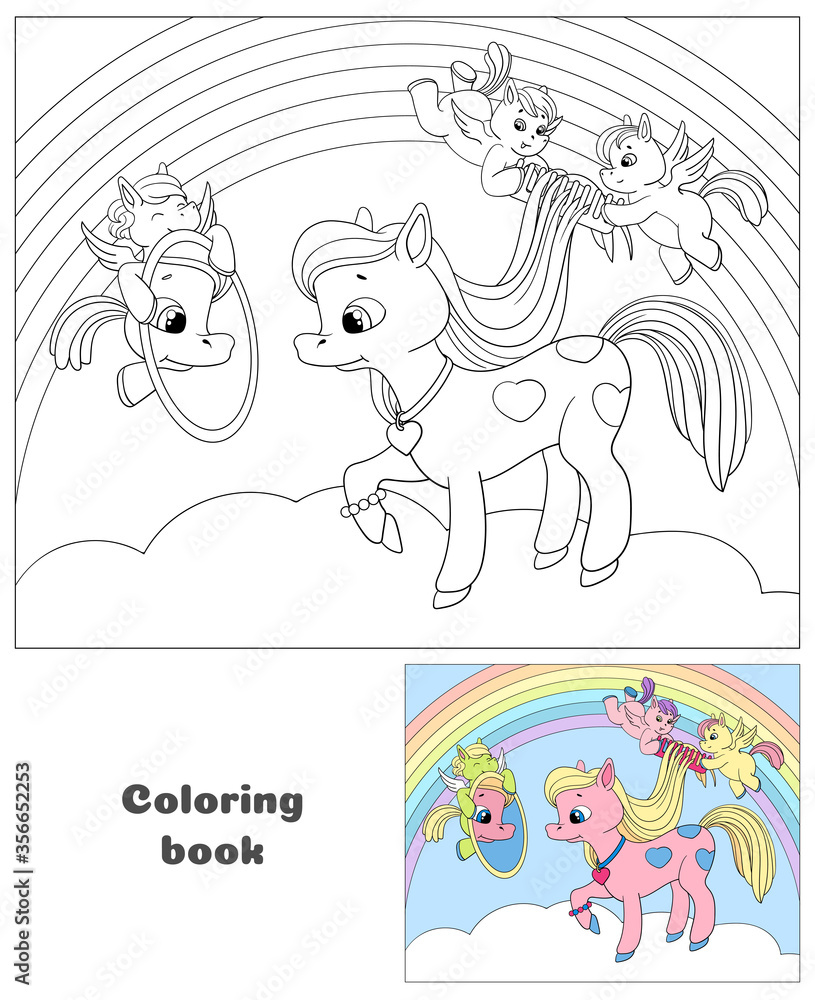Fototapeta premium Little Pegasuses comb the pony's mane. Cute pony on cloud. Cartoon book vector illustration. Coloring book for children.
