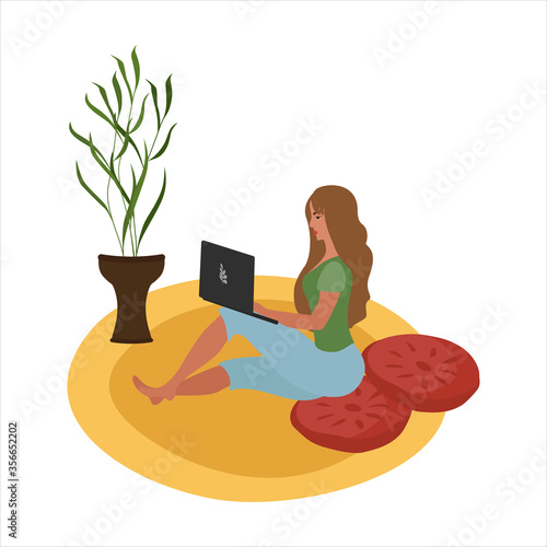 The girl works from home, freelance. Sitting on the floor with a laptop on the yellow carpet. The concept of staying at home. A set of vector illustrations. © Ollmyart